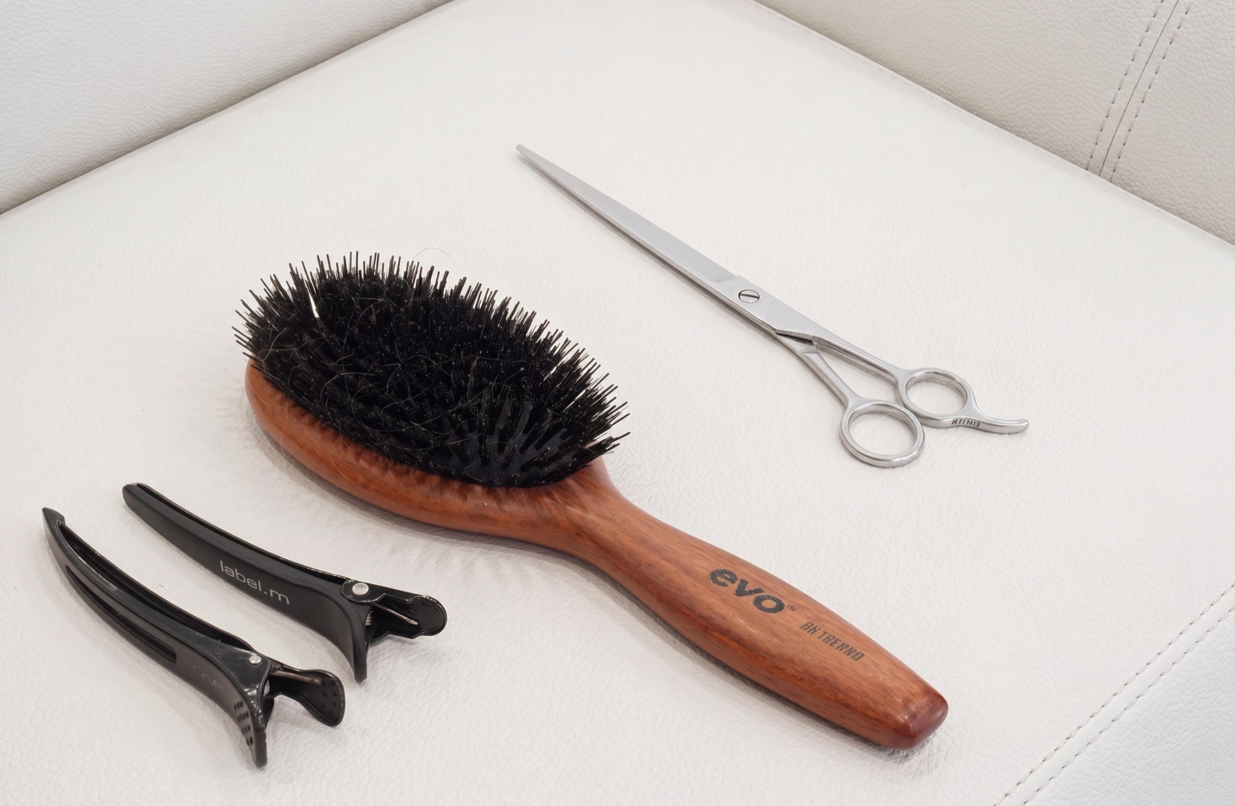 Shears, a boar-bristle brush and sectioning clips laid out on an ivory surface